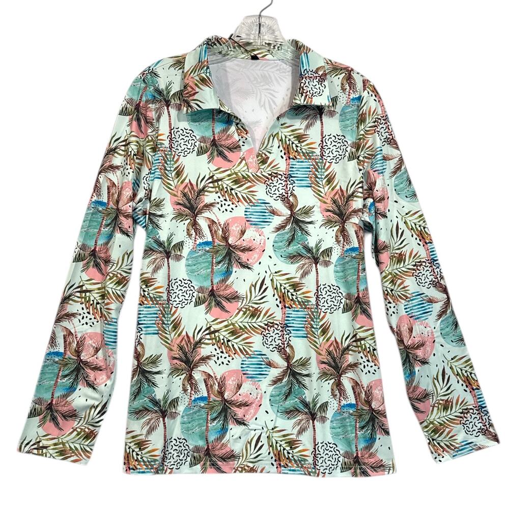 Women’s Golf Polo Long Sleeve UPF 50+ Tropical Print Large NWT GGOV